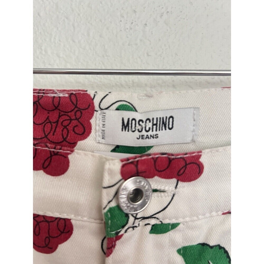 VTG 90s MOSCHINO White Flare Jeans Raspberry Leaf Print Red Green Y2K Cottage 26 - Picture 3 of 8